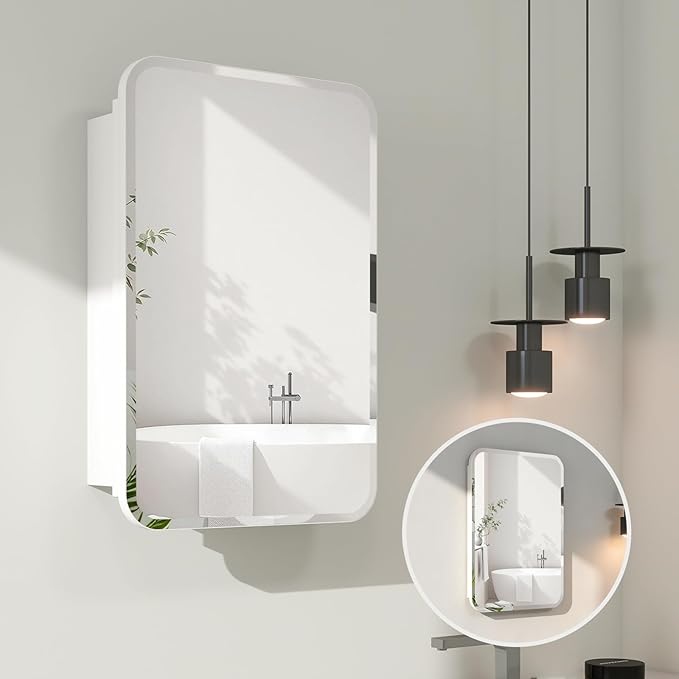 Rectangle Medicine Cabinet with Beveled Edge Mirror, No-Assembly Bathroom Wall Cabinet with Mirror, Adjustable Shelves, Tissue Slot, Recessed or Surface Mount (30" H x 20" W)