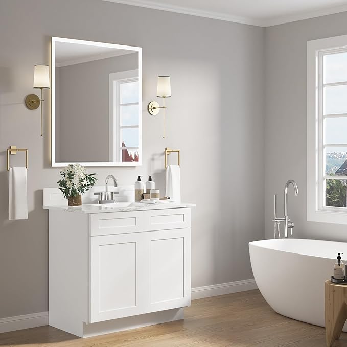 ROOMTEC Bathroom Cabinet, 30'' Free Standing Single Bathroom Vanity with 2 False Drawers and 2 Doors,Morden Bathroom Sink Vanity Storage Cabinet, Shaker White