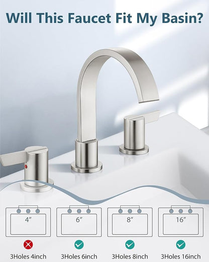 Aolemi Bathroom Faucets 3 Hole,8 Inch Widespread Waterfall Bathroom Sink Faucet,2 Handles Vanity Faucet with Pop-up Drain and Supply Hose,Brushed Nickel
