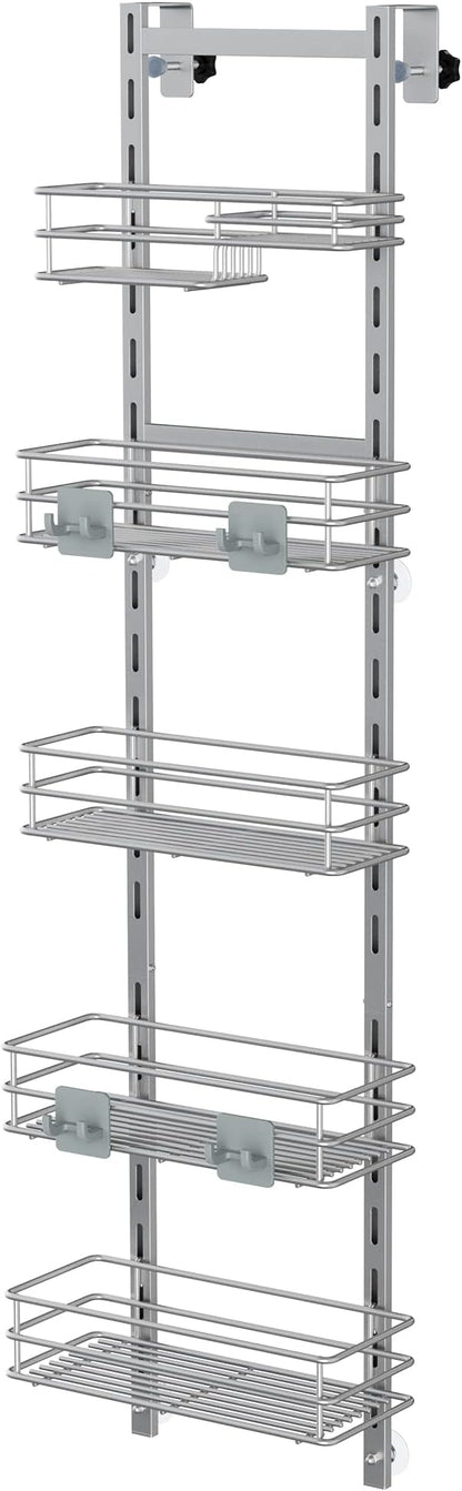 Orimade Over the Door Shower Caddy Adjustable 5 Tier Silver Grey,Bathroom Hanging Organizer Shelf Rustproof with 4 Hooks,Shower Basket with Soap Holder and Suction Cup