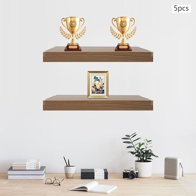 33 Inch Floating Shelves for Wall, 16 Inch Deep Hanging Shelf, Large Display & Storage Shelf for Bathroom, Bedroom, Living Room, Set of 5 (Dark Wood Color, 33 Inch)