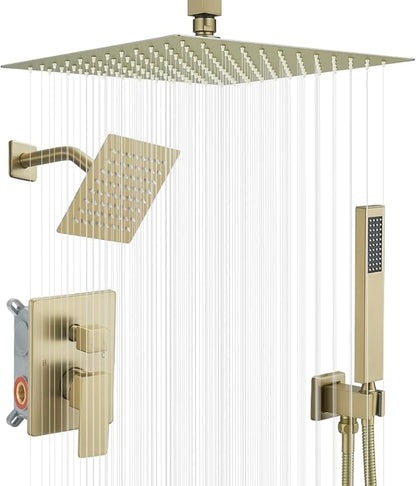 Shower Faucet Set Brushed Gold Shower System, Knob Switch Diverter Shower Faucet with High Pressure Handheld Spray, Ceiling Mount 12 Inch Shower Head with 6 Inch Wall Mount Shower Head