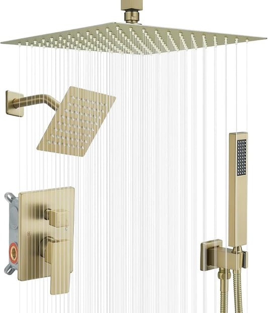 Shower Faucet Set Brushed Gold Shower System, Knob Switch Diverter Shower Faucet with High Pressure Handheld Spray, Ceiling Mount 12 Inch Shower Head with 6 Inch Wall Mount Shower Head