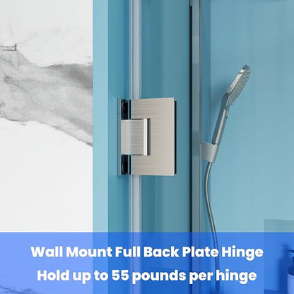 Shower Door Hardware Kit for Frameless Inline Hinged Doors, Includes Hinges, Square Pull Handles and Clamps, for 5/16"–3/8" Glass, Suitable for Bathtub or Standing Shower Setup, Brushed Nickel
