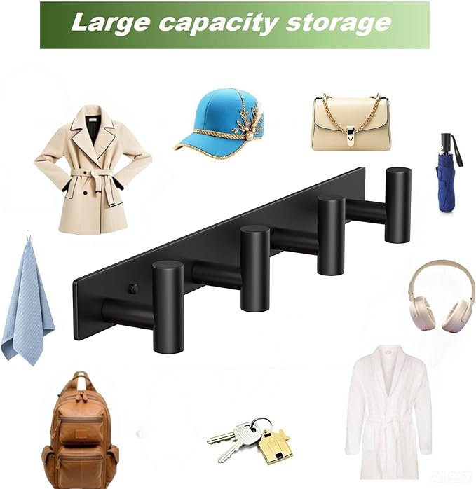 Wall Mounted Coat Rack-4 Hooks, Heavy Duty Stainless Steel Wall Hooks for Towel Coat Bag, Hat Rack Coat Hanger Coat Hooks Towel Racks for Bathroom Entryway Kitchen Hotel Office (Black, 1 Pack)