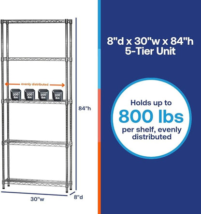 Shelving Inc. 8"d x 30"w x 84"h Chrome Wire Shelving with 5 Tier Shelves, Weight Capacity 800lbs Per Shelf