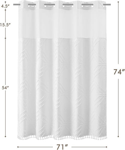 ROSERY No Hook Shower Curtain with Snap in Fabric Liner Set, Boho Farmhouse Jacquard Tufted Geometric Striped Shower Curtain for Bathroom with Tassel, Geometric Pattern, 71" W x 74" L