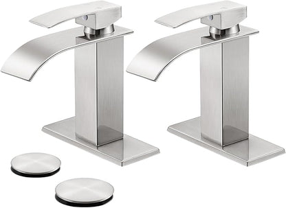 Bathroom Faucets Brushed Nickel Waterfall Bathroom Sink Faucet Modern Single Handle Bathroom Faucet for 1 or 3 Hole Mxier Tap Washbasin Faucet with Deck, Pop-up Drain and Supply Hoses 2 Pack