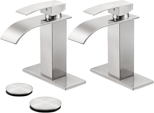 Bathroom Faucets Brushed Nickel Waterfall Bathroom Sink Faucet Modern Single Handle Bathroom Faucet for 1 or 3 Hole Mxier Tap Washbasin Faucet with Deck, Pop-up Drain and Supply Hoses 2 Pack