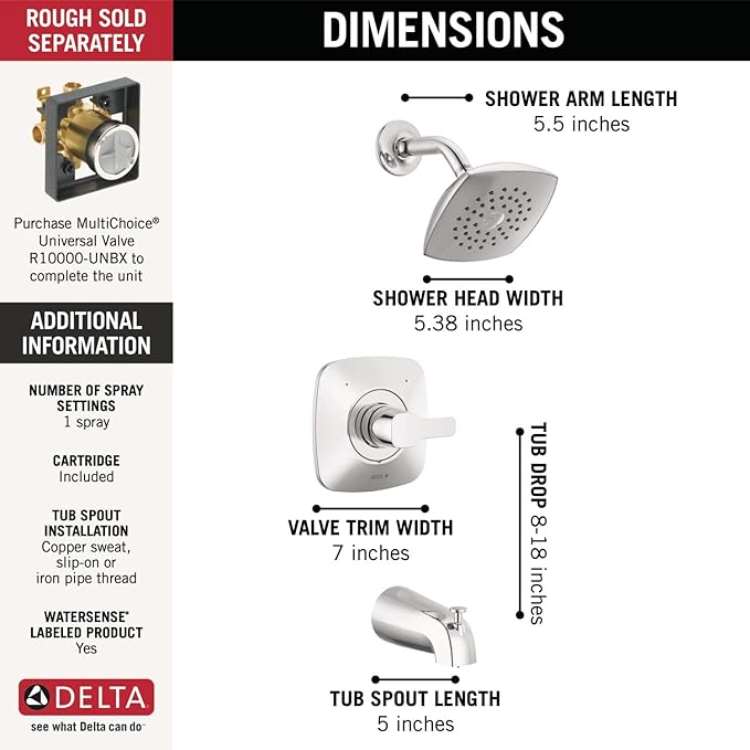 Delta Faucet Modern Single-Handle Chrome Tub and Shower Trim Kit, Shower Faucet with Single-Spray Touch-Clean Shower Head, Chrome T144339-PP (Valve Not Included)