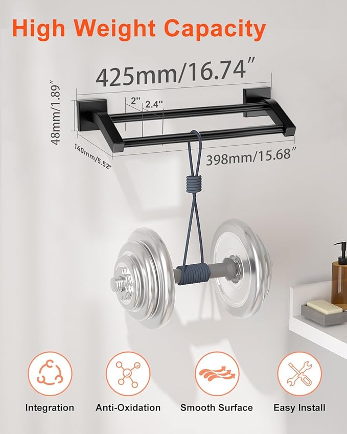 Alise Double Bath Towel Bars Towel Racks for Bathroom,Wall Mount Towel Holder Heavy Duty 16-Inch Towel Hanger Rail,SUS304 Stainless Steel Matte Black