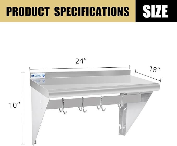 Hally Stainless Steel Shelf with 4 Hooks 18" x 24" Wall Mounted Pot Rack 300lb, NSF Commercial Floating Shelving for Storage Hanging Pots, Pans, cookware in Restaurant, Kitchen, Home and Hotel