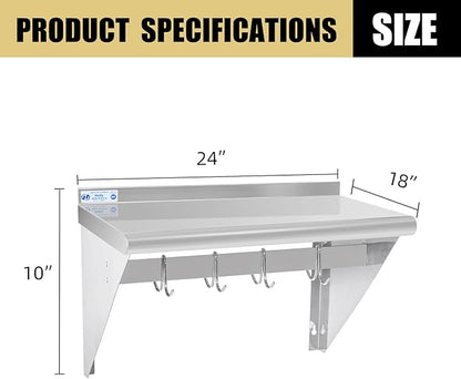 Hally Stainless Steel Shelf with 4 Hooks 18" x 24" Wall Mounted Pot Rack 300lb, NSF Commercial Floating Shelving for Storage Hanging Pots, Pans, cookware in Restaurant, Kitchen, Home and Hotel