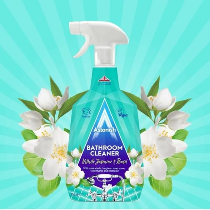 Astonish Streak Free Foaming Bathroom Cleaner Spray Bottle - Deep Cleaning White Jasmine & Basil Scented Spray For Soap Scum, Watermarks & Limescale - Cruelty Free Household Cleaning Supplies, 750 ml
