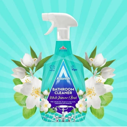 Astonish Streak Free Foaming Bathroom Cleaner Spray Bottle - Deep Cleaning White Jasmine & Basil Scented Spray For Soap Scum, Watermarks & Limescale - Cruelty Free Household Cleaning Supplies, 750 ml