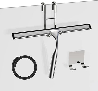 Shower Squeegee for Glass Door Stainless Steel Bathroom Squeegee Window Wiper, Includes Shower Door Hook, Adhesive Hook, and Spare Silicone Blade for Window Mirror Car 12-Inch