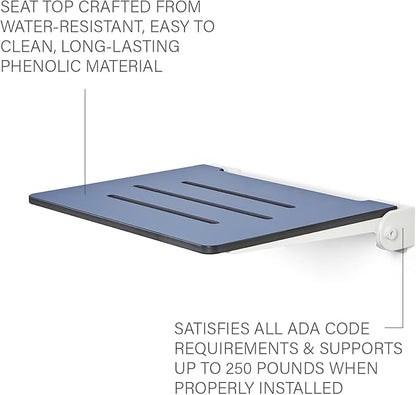 18 inch Silhouette Slimline Folding Wall Mount Shower Bench Seat, Navy Seat with White Frame
