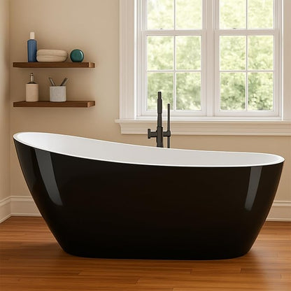 59" Acrylic Freestanding Bathtub - Glossy Black Oval Soaking Tub with Chrome Overflow & Drain Kit, CUPC Certified