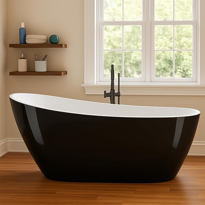 ‎59 Inch Acrylic Freestanding Bathtub, Bathtub with Matte Drain and Overflow, Modern Square Tub with Deep Ergonomic Design and Double-Walled Insulation, Double-Walled Insulation, cUPC Certified