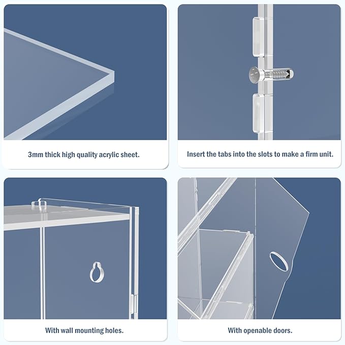 Choowin 3 Layer Wall Shelf Clear Acrylic Display Case for Collectibles, Mini Figures, Pop Mart, Labubu, Sonny Angel, Smiski - Assemble Dustproof Acrylic Display Box with Door (12x3.7x15.3 inch)