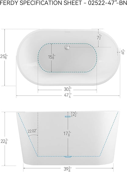 FerdY Shangri-La 47" Acrylic Freestanding Bathtub, Small Classic Oval Shape Acrylic Soaking Bathtub with Chrome Drain & Minimalist Linear Design Overflow, Modern White, cUPC Certified