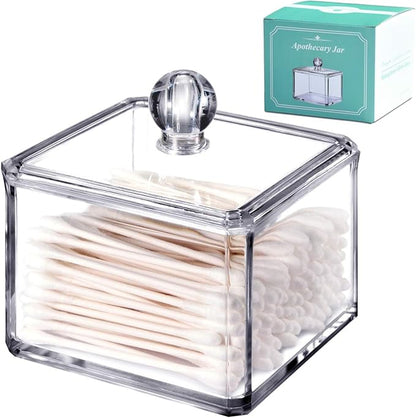 Modern Square Qtip Holder Acrylic Bathroom Vanity Countertop Storage Organizer Canister Jar for Cotton Swabs, Rounds, Balls, Makeup Sponges, Bath Salts - 2 Pack - Clear
