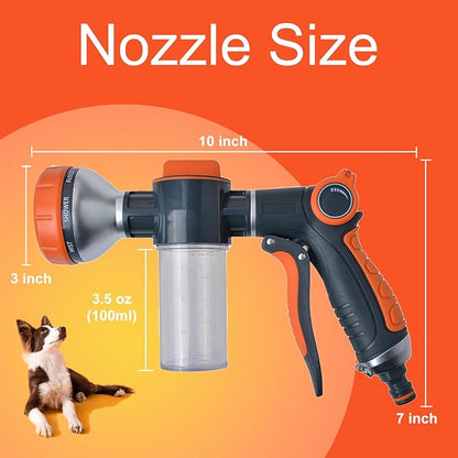 Dog Washing Hose Attachment, 8-in-1 Sprayer Hose Nozzle with Soap Dispenser for Dog Showering, Watering Flowers, Car Washing (With Brush and Lint Remover)