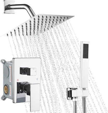 Chrome Shower System, 8 Inch High Pressure Rain Shower with Handheld, Wall Mount Shower Faucet Set for Bathroom, Rough-in Valve Body and Trim Included