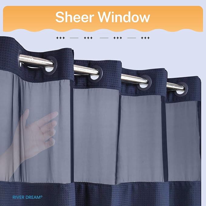 River Dream Heavyweight No Hooks Required Dotted Waffle Weave Shower Curtain with Snap in Liner -Extra Long 71W x 86H,Hotel Grade,Spa Like Bath Curtain,Navy