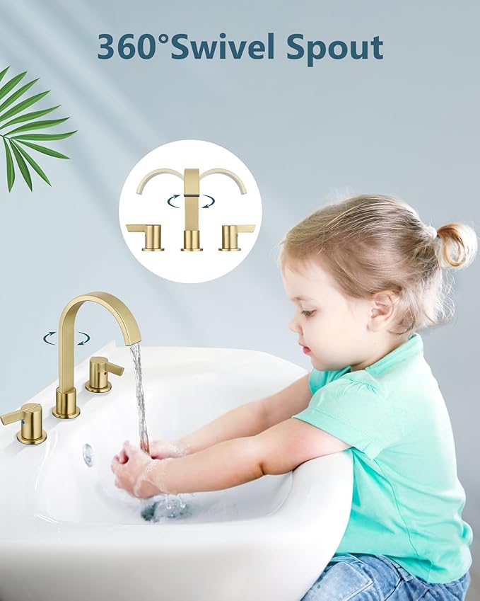 Aolemi Bathroom Faucets 3 Hole,8 Inch Widespread Waterfall Bathroom Sink Faucet,2 Handles Vanity Faucet with Pop-up Drain and Supply Hose,Gold