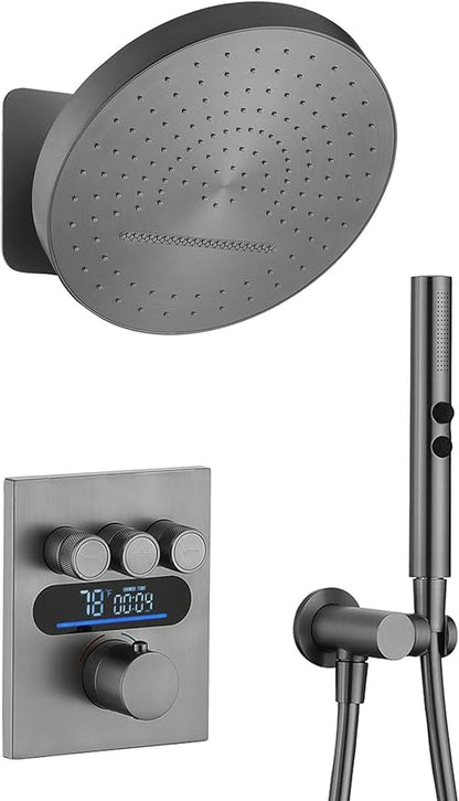 Lefton Shower System in Fahrenheit Display (Battery-free), 13” Overhead Round Rainfall Shower Head with All-in-one Handheld Spray Showerhead, 4-in-1 Control System, SSWM2501 (Grey)