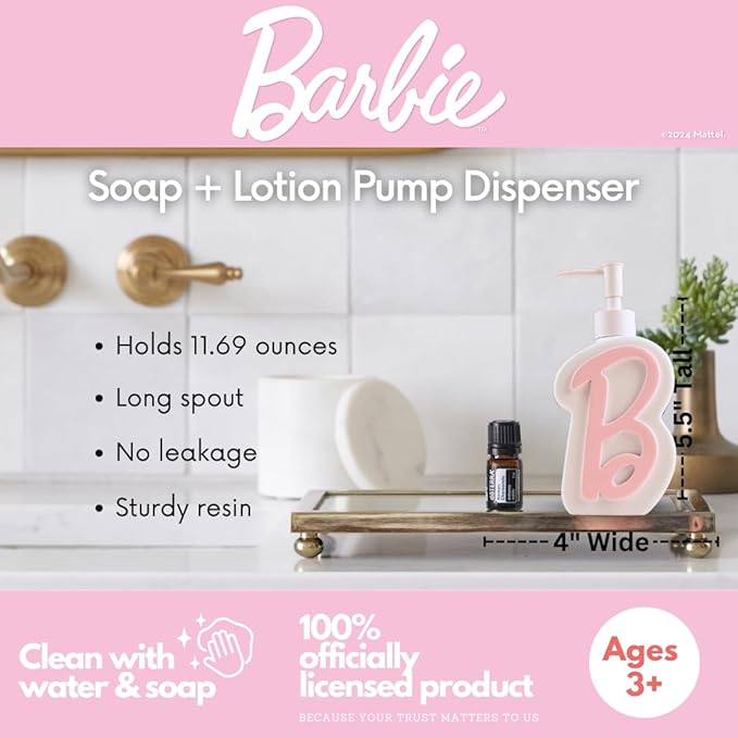 Collectibles Barbie Light Pink B Monogram Soap/Lotion/Hand Sanitizer Resin Pump Dispenser, 11.69 Ounces, (Officially Licensed Product) by Franco