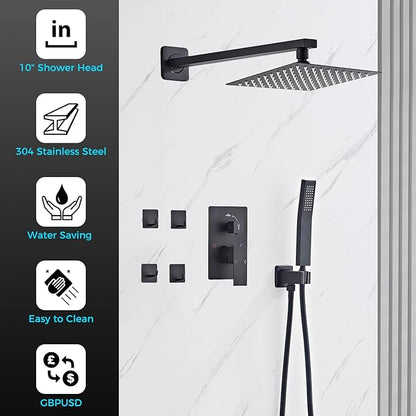 10" Matte Black Rainfall Shower Faucet Set with Rain Shower Head & Handle Set, Wall-Mounted Shower System, Full Metal Trim, Includes Shower Valve Complete Shower Kit