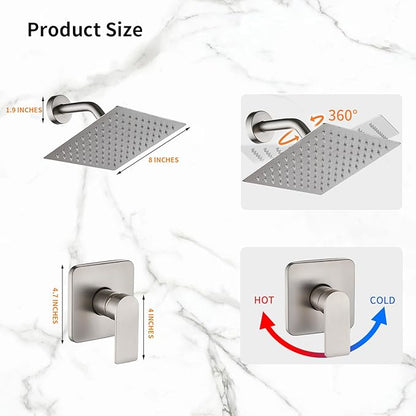 Brushed Nickel Shower Faucet Single Function Trim Kit with Rough-in Valve Set Bath Rainfall Shower System 8inch Square Stainless Steel Metal Shower Head