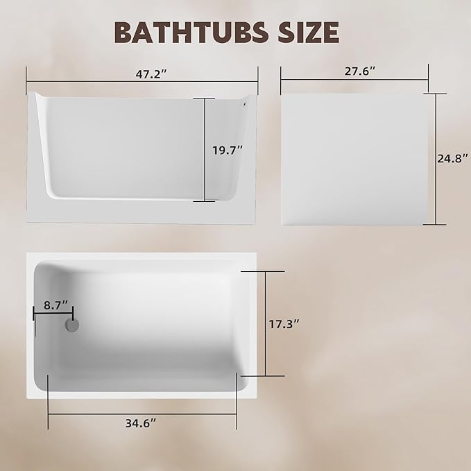 43 Square Inch Acrylic Independent Bathtub, Capacity 50 Gallons, Can Hold 650 Pounds, Smooth White Surface, Chrome Plated Drainage And Overflow (Seated) (White, 43 In No Seat)