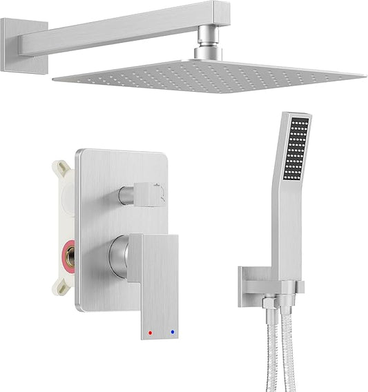 Brushed Nickel Shower System, Shower Faucet Set with 12 Inch Rain Shower Head and Handheld, Wall Mounted High-Pressure Shower Head Combo Set with Shower Valve and Shower Trim, Brushed Nickel
