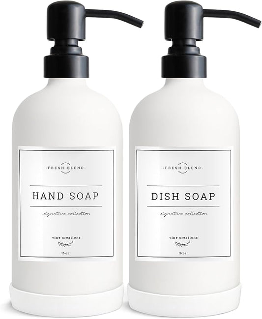 Vine Creations White Glass Soap Dispenser, 2 Pack Kitchen Soap Dispenser Set with Stainless Steel Pump, 16 oz Dish Soap and Hand Soap Dispensers for Bathroom with Waterproof Labels
