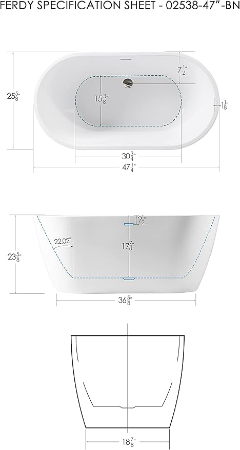 FerdY 47" Bali Acrylic Freestanding Bathtub, Gracefully Shaped Freestanding Soaking Bathtub, cUPC Certified, Toe-Tap Brushed Nickle Drain and Minimalist Linear Design Overflow Included