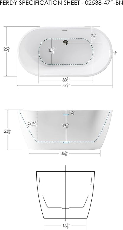 FerdY 47" Bali Acrylic Freestanding Bathtub, Gracefully Shaped Freestanding Soaking Bathtub, cUPC Certified, Toe-Tap Brushed Nickle Drain and Minimalist Linear Design Overflow Included