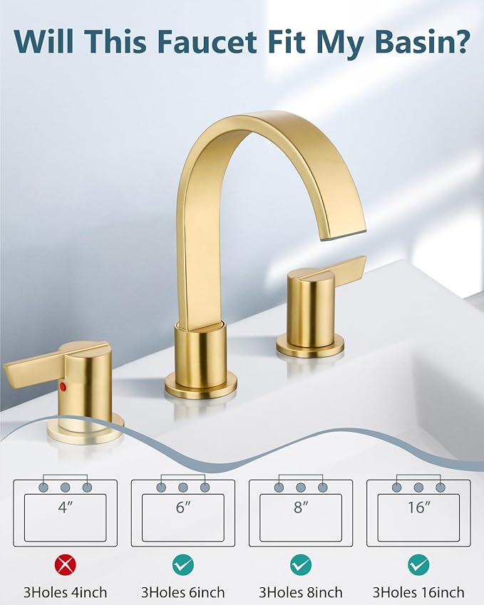 Aolemi Bathroom Faucets 3 Hole,8 Inch Widespread Waterfall Bathroom Sink Faucet,2 Handles Vanity Faucet with Pop-up Drain and Supply Hose,Brushed Gold