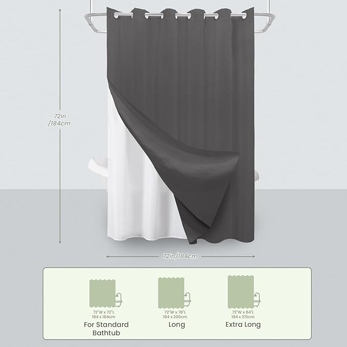 Inhousolu No Hook Waffle Weave Shower Curtain with Removable Snap in Fabric Liner Set for Bathroom, 230 GSM Heavy Duty Weighted Hem, Water Repellent Washable Bath Curtains, 72 x 72 Inch, Graphite Grey