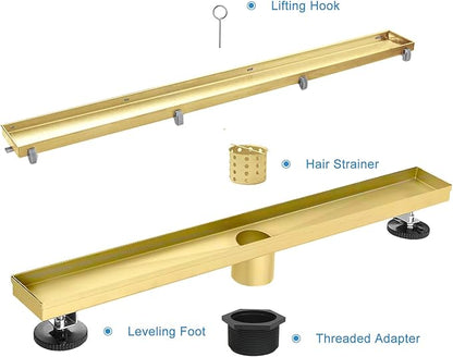 Linear Shower Drain, 28 inch Gold Drain with Tile Insert 2-in-1 Panel, Brushed 304 Stainless Steel Gold Shower Floor Drain, Linear Drain with Hair Strainer and Adjustable Feet