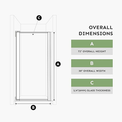 30" Wx72 H Frameless Reversible Pivot Shower Door, 1/4" Clear SGCC Tempered Glass & Shatter Proof Film, 304 Stainless Steel Hardware, Water Protection Seal Stripes Plus Glass-Fixing Aluminum Stripe