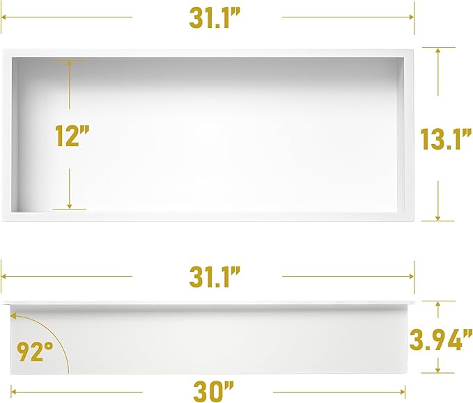 Stainless Steel Shower Niche 30" X 12" White No Tile Needed Niche Shower Recessed Wall Horizontal Niches for Bathroom Storage Over Mount Installation