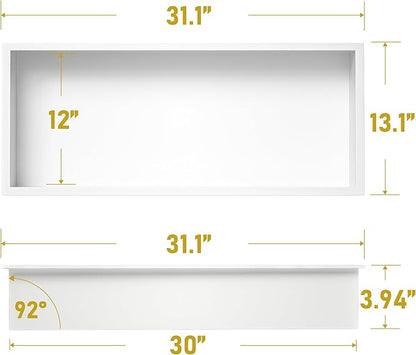 Stainless Steel Shower Niche 30" X 12" White No Tile Needed Niche Shower Recessed Wall Horizontal Niches for Bathroom Storage Over Mount Installation