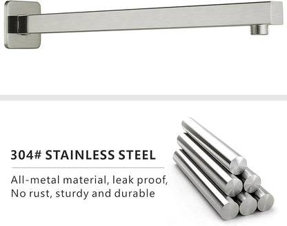 Voolan 16" Square Shower Arm with Flange and Teflon Tape, Extension Shower Head Arm for Bathroom Fixed Shower Head, Solid Stainless Steel, Wall Mounted (Brushed Nickel)