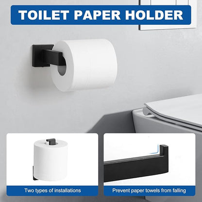 Cilee 15-Pieces Bathroom Hardware Set - Matte Black Bathroom Accessories, 24 Inch Towel Bar, Square Towel Ring, Toilet Paper Holder, Towel Hook, Wall-Mounted Stainless Steel Towel Bar Rack Set