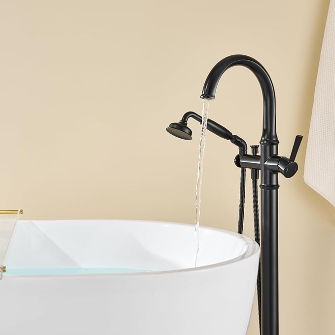 Freestanding Bathtub Faucet Black Free Standing Tub Filler Brass Bathtub Faucets Floor Mounted Bathroom Tub Faucet with Hand Shower