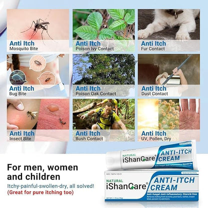 ishancare Anti Itch Soothing Cream Extra Strength Skin Itch Relief Ointment, for Full Body Itching Caused by Seasonal Changes, Dermatitis, Eczema, Rash, Psoriasis, Hives, Bites, Poison Ivy, 1.76 oz