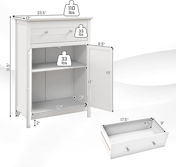 COSTWAY Bathroom Floor Cabinet, Wooden Side Storage Organizer w/Larger Drawer, Adjustable Shelf & 2-Door Cupboard, Freestanding Storage Cabinet for Living Room, Kitchen, Entryway (White)